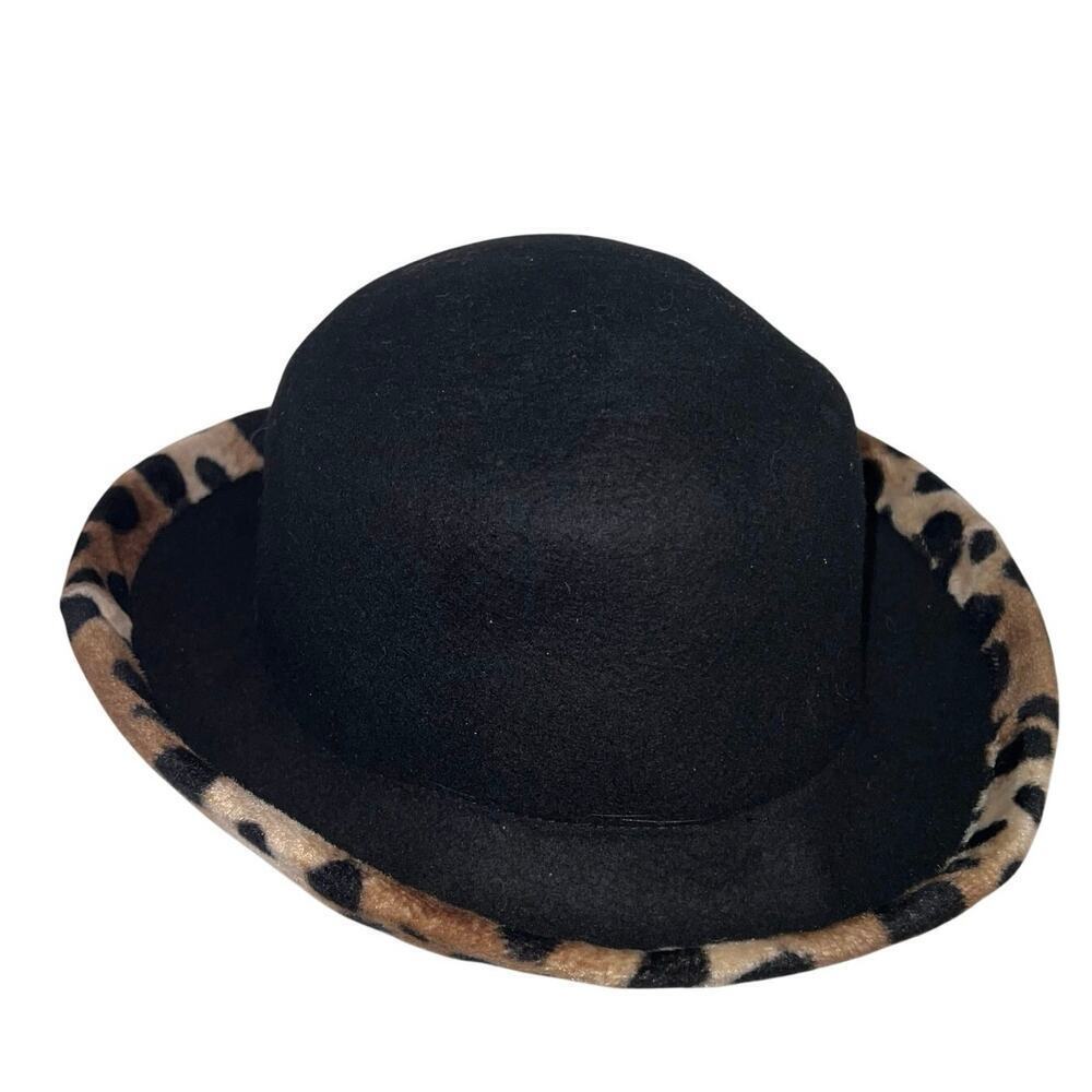 Ladies 100% wool Y2K Bowler felt hat, tan black animal print